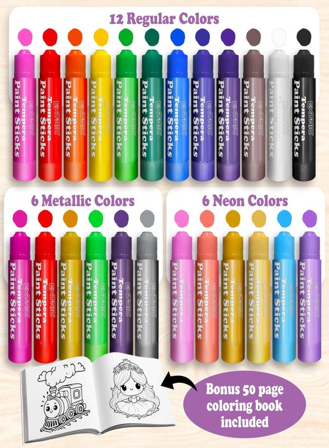 EXTRIC Tempera Paint Sticks for Kids - 24 Twist Crayons in  Vibrant Colors 12 Classic, 6 Metallic, 6 Neon | Mess Free, Quick Dry, Washable Solid Paint  kids + Bonus 50 Page Coloring Book - Image 2